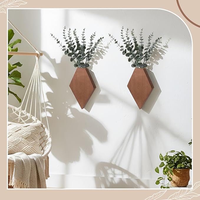 Chunful 2 Pcs Wooden Wall Planter Decor Hanging Faux Plants Greenery Flowers Holder Vase Boxes for Wall Bohemian Farmhouse Room Kitchen Office Indoor Decoration(Walnut Color,9.8 x 6.6 x 1.2 Inches)