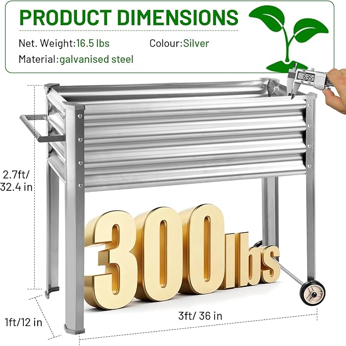 Land Guard 2 Pack Galvanized Raised Garden Bed with Legs & Wheels, 36×12×32in Metal Elevated Raised Planter Box for Backyard, Patio, Balcony, 300lb Capacity, Silver