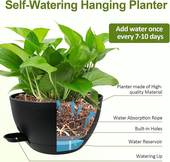 WOUSIWER Self Watering Hanging Planters, 2 Pack 10'' Plastic Pots with Drainage Holes & Reservoir Tray (Black) | Indoor & Outdoor Use for Ferns, Ivy, Herbs, Succulents