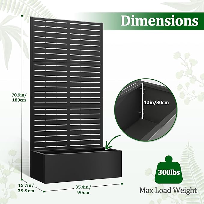 Metal Raised Garden Bed with Trellis, 2 in 1 Trellis with Planter Box & Privacy Screen for Climbing Plants, Vine, Outdoor Standing Flower Beds with Drainage Holes, 35.4" L x 15.7" W x 70.9" H, Black
