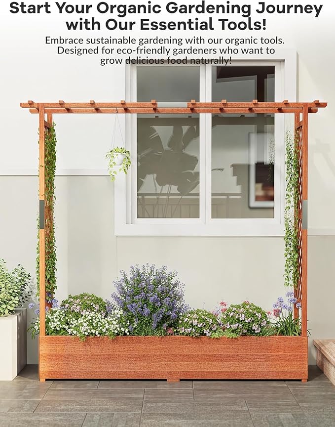 Raised Garden Bed with Trellis and Hanging Roof, Wooden Planter Box with Side Supports and Drainage, Freestanding Elevated Planter for Climbing Plants, Vines, and Flowers, 79x17x72Ft