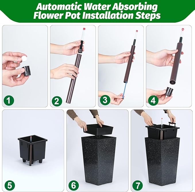 21.6" Tall Planters Set of 2, Outdoor & Indoor Flower Pots with Drainage Holes, Water Level Monitor, Inner Bucket, and Self-Watering System for Porch, Patio, Home, Office - Black