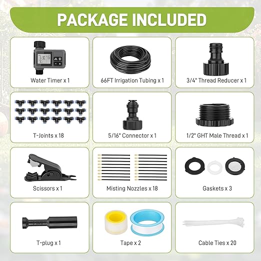 66FT Drip Irrigation Kit with Timer, Automatic Garden Watering System with Flexible 360° Bendable Hose & Adjustable Emitters, Drip Irrigation System for Greenhouse, Yard, Flower Bed, Lawn & Plants