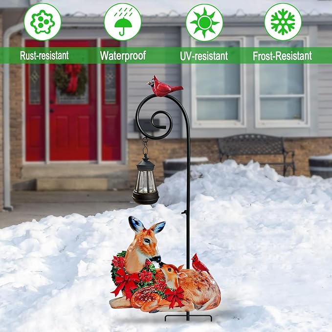 Deer Metal Garden Stake with Solar Light, Christmas Decorations Outdoor Waterproof Sloar Lights Outside, Doe and Fawn Outdoor Statue for Garden Lawn Patio