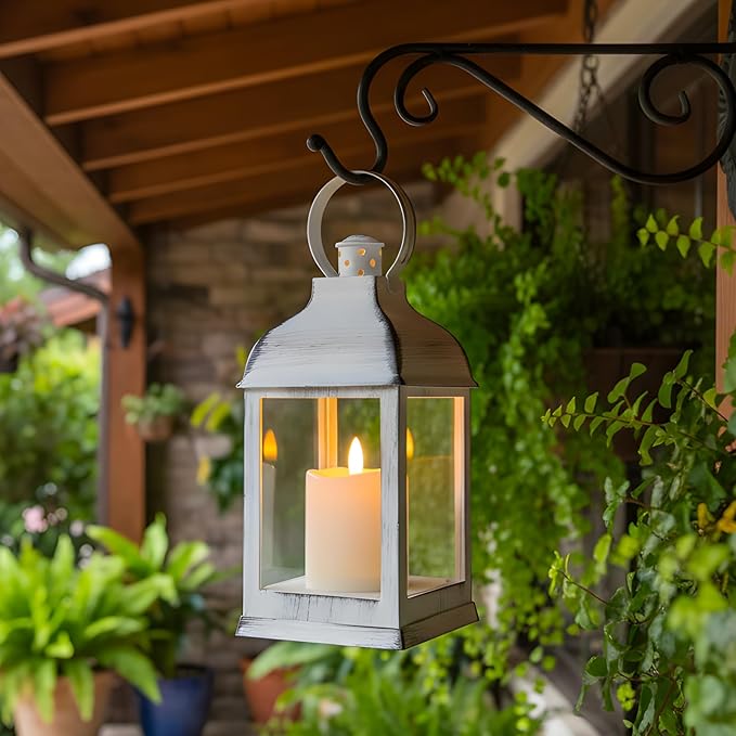 Yongmao White Vintage Lantern Decorative LED Flickering Flameless Candle with Timer, Battery Powered LED Decorative Hanging Lanterns for Indoor Outdoor Wedding Garden Yard Home Decor(4 Pack)