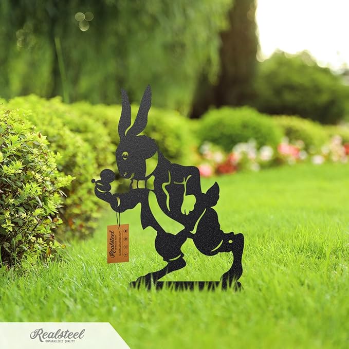 Alice in Wonderland Garden Stakes – Set of 3 | RealSteel Original Outdoor Yard Art Featuring Alice, White Rabbit & Mad Hatter | Rust-Resistant, American-Made Metal Décor | Black Finish