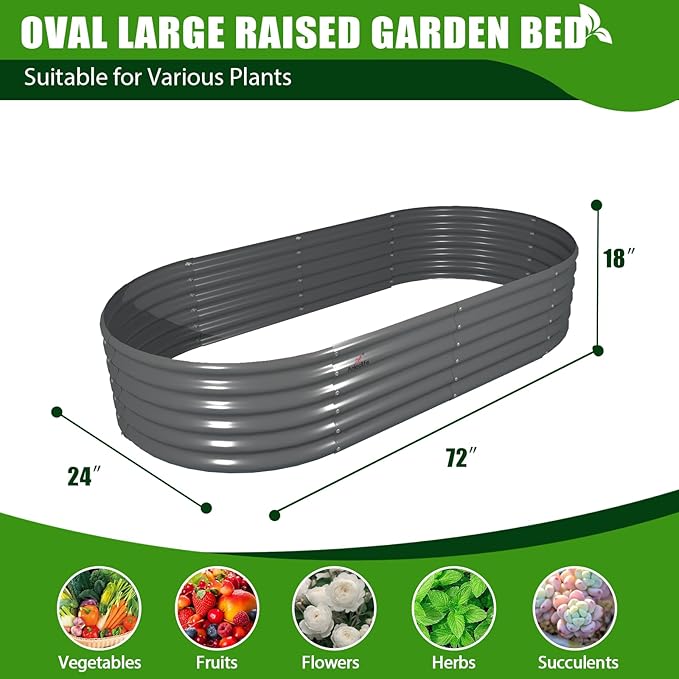A ANLEOLIFE 8 Pcs 6X2X1.5 ft Oval Round Galvanized Raised Garden Beds Outdoor for Planting Vegetables Flowers Herb, Quartz Grey