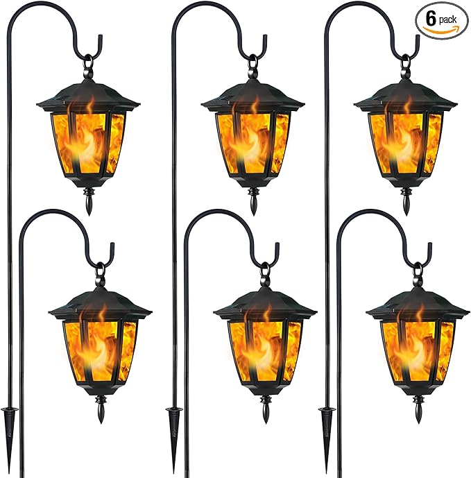 Dynaming 6 Pack Solar Flame Hanging Lights Outdoor, Halloween Solar Flickering Flame LED Garden Lanterns with 6 x 38 Inch Shepherd Hooks, Christmas Lighting for Lawn Patio Yard Pathway Driveway