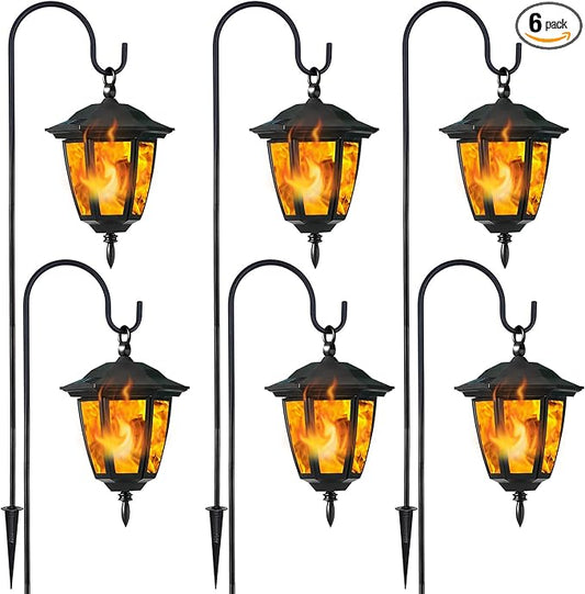 Dynaming 6 Pack Solar Flame Hanging Lights Outdoor, Halloween Solar Flickering Flame LED Garden Lanterns with 6 x 38 Inch Shepherd Hooks, Christmas Lighting for Lawn Patio Yard Pathway Driveway
