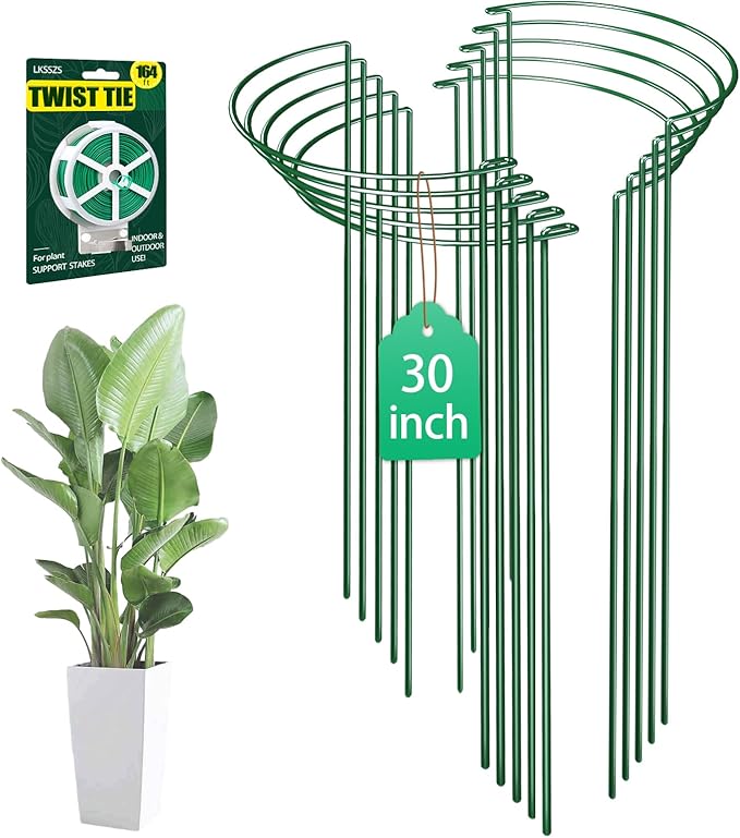 LKSSZS 10 Pack 30 Inch Plant Support Stakes, Heavy-Duty Half Round Peony Support Ring Cage, Metal Garden Plant Stakes for Outdoor Plants - Peony, Tomato, Hydrangea with Cuttable Plant Ties