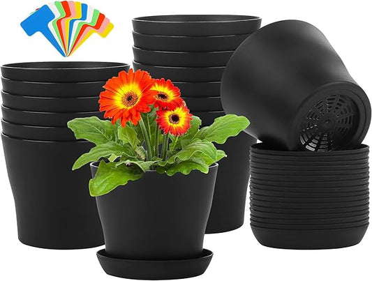 Aodaer 16 Pack 4 Inch Plastic Planters with Multiple Drainage Holes and Tray Indoor Outdoor Flower Plant Nursery Pots with Labels Flower Seedling Pots for Herb Garden Home Succulents, Black