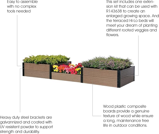 Everbloom 2-Tier Terraced Triple Raised Garden Bed with Open Bottom Valley A 114” L x 36” W x 7/14” H: Versatile and Easy-to-Assemble for Growing Veggies, Flowers, and Herbs in Any Soil Condition