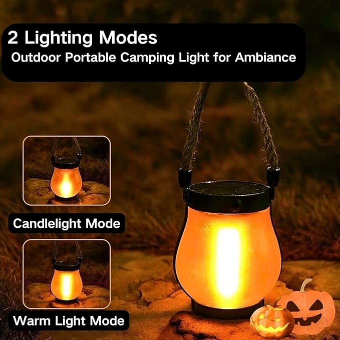 Solar Lantern Outdoor Lights, Flickering LED with Hemp Rope Handle, Dual Charging (Solar & USB), Water-Resistant Hanging Decor for Garden, Yard, Patio, Porch, Pathway, Camping (5)