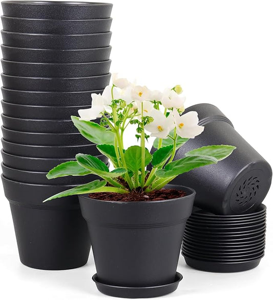 4 inch Small Plastic Nursery Pots, 16 Pack Plant Pots for Indoor Outdoor Plants, Flower Pots with Drainage Holes and Saucers, Decorative Seedling Starter Planters for House Plants, Black