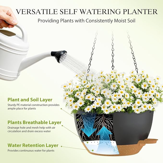 12 Inch Hanging Baskets 2 PC with Chains, Self-Watering Hanging Planters for Indoor Outdoor Plants, Plastic Hanging Flower Pots,Black Brown