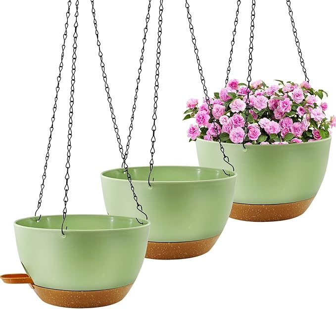 10 inch Hanging Planters for Indoor Plants, 3 Pack Self-Watering Hanging Planter Pots with Chain and Drainage Holes, Outdoor Plastic Hanging Baskets for Garden Home Decor