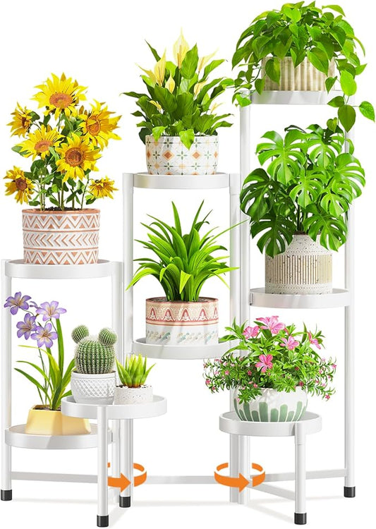 LASZOLA 8 Tiered Folding Tall Plant Stand Indoor for Multiple Large Planter, Heavy Duty Metal Adjustable Flower Rack for Narrow Corner, Sturdy Vertical Spiral Shelving Holder for Modern House, White