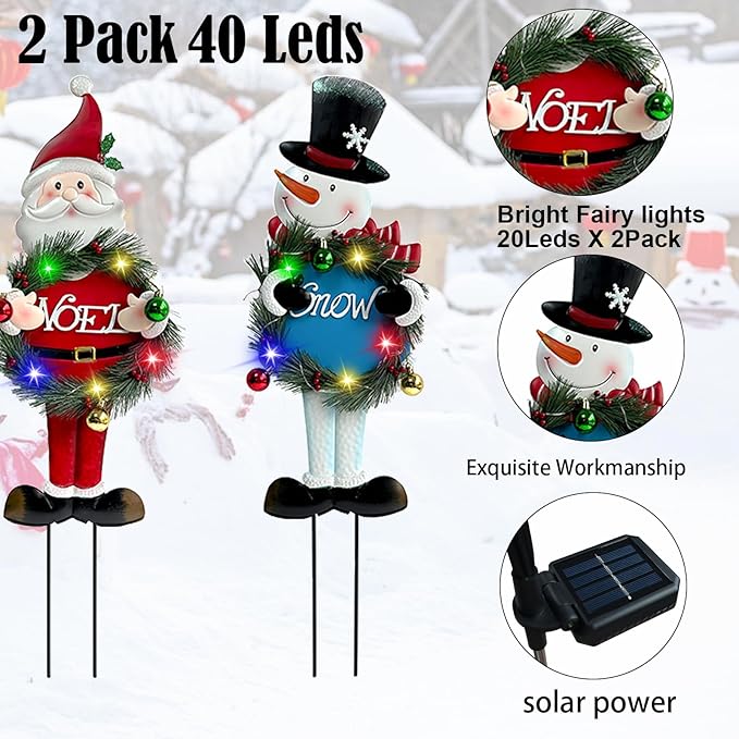 Solar Christmas Yard Decorations Outdoor - 2 Pack Metal Xmas Yard Signs 30” Snowman Santa Claus Lighted Garden Stakes with Colorful Lights for Garden Pathway Holiday Winter Lawn