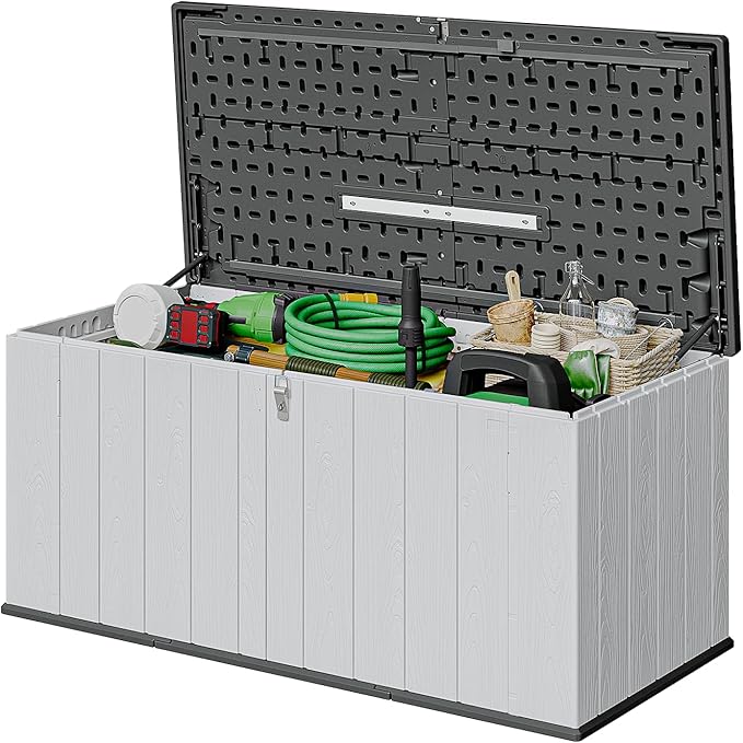 Aoxun 160 Gallon Resin Large Outdoor Storage Box, Horizontal Storage Sheds 21 Cu.ft, Waterproof Lockable Deck Box with Spring-Assisted Lid, Patio Storage for Garden, Pool, Cushions, Tools, White