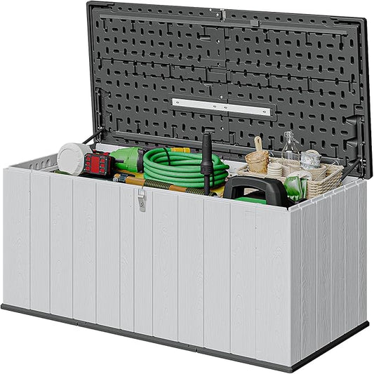 Aoxun 160 Gallon Resin Large Outdoor Storage Box, Horizontal Storage Sheds 21 Cu.ft, Waterproof Lockable Deck Box with Spring-Assisted Lid, Patio Storage for Garden, Pool, Cushions, Tools, White
