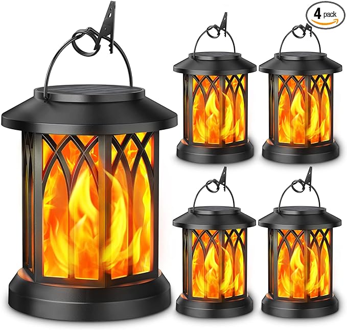 KOOPER 4 Pack Solar Lantern Outdoor Lights, Upgraded Flickering Flame Solar Lanterns Lights Outdoor Waterproof, Hanging Lantern Decorative, Solar Powered Lanterns for Yard Patio Path Tree Garden Decor