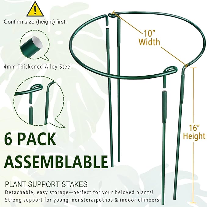 Soupiar 6 Pack Detachable & Assemblable Metal Plant Support Stakes - Garden Support Ring, Tomato Seedling Cage, Young Monstera/Pothos for Growing Indoor/Outdoor (10" W x 16" H)