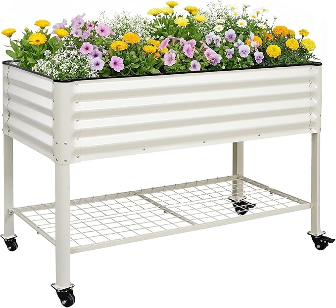 STBoo Elevated Raised Garden Bed with Legs and Wheels- 48''x24''x32'' Galvanized Metal Standing Planter Boxes Outdoor with Bottom Storage Shelf for Backyard, Patio, Balcony, Vegetables, Flowers, White