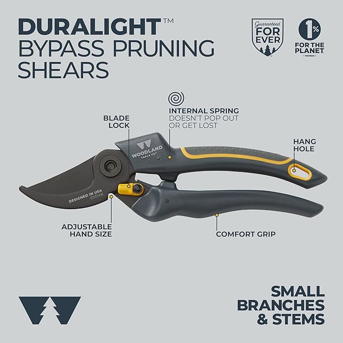Woodland Tools Co. Duralight Bypass Pruning Shears – 5/8" Cut Capacity, Lightweight Hand Pruner, High Carbon Steel Blade, Adjustable Lock, Internal Spring, Soft Grip Garden Tool for Plants and Shrubs