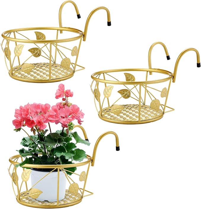 3 Pack Hanging Planter Holders for Balcony Railings Heavy Duty Metal Flower Pot Stands for Indoor Outdoor Use Deck Fence Garden Patio Porch Railing Plant Hangers (Golden)