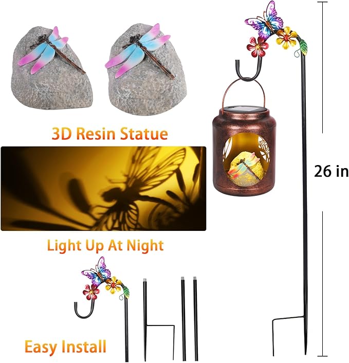 Solar Lanterns Outdoor Waterproof Metal Dragonfly Patterns with Resin Dragonfly Inside Garden Decor Gifts for Women Mom Grandma Hanging Solar Lights Decoration Outside for Yard, Patio, Backyard, Porch