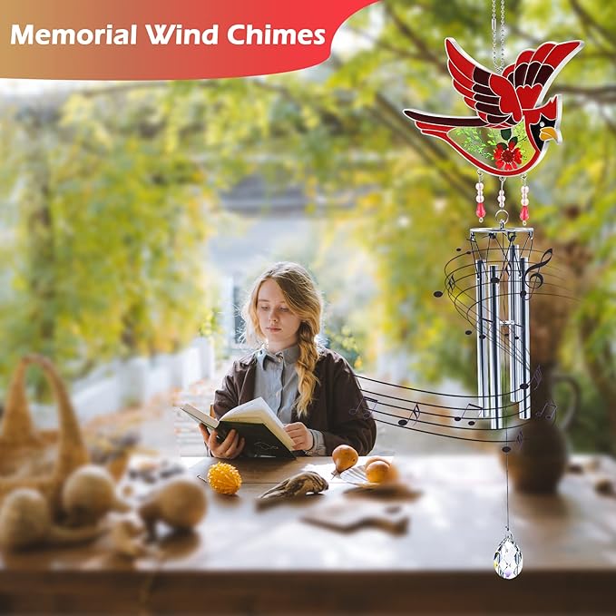KY&BOSAM Cardinal Wind Chime for Outside Stained Glass Sympathy Wind Chimes Memorial Wind Chime for Loss of Loved One Mother Father Condolence Remembrance,Sympathy Gift Home Outdoor Garden Patio Decor