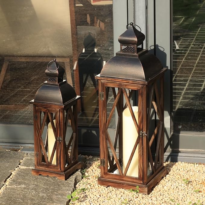 DECORKEY Large Farmhouse Wooden Metal Lantern Set of 2, 30''/22'' H Rustic Decorative Indoor & Outdoor Hanging Candle Lanterns, Wooden Outdoor Lanterns for Patio Front Porch Table, Brown