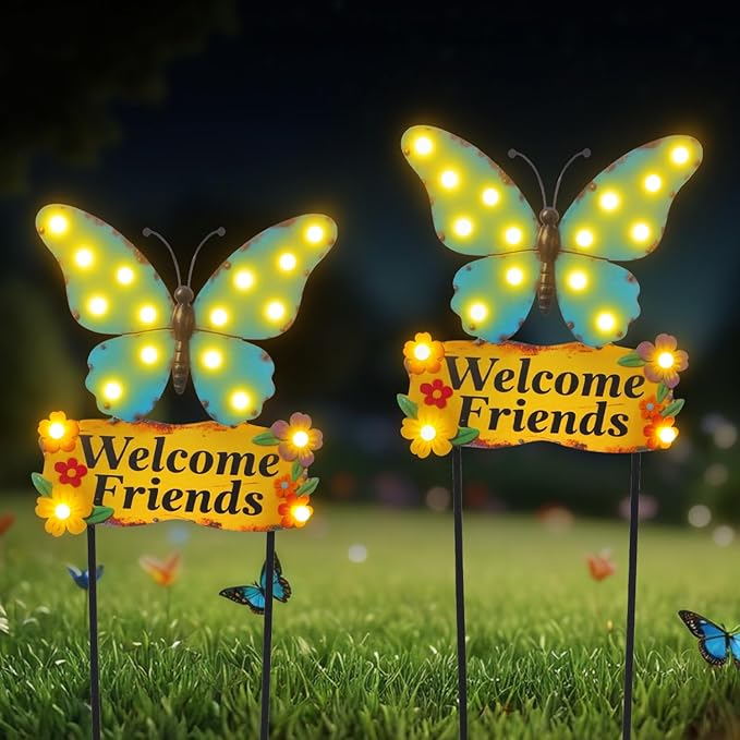 Decorative Garden Stakes Large 45" with 18 Bulbs Solar String Lights Outdoor Waterproof, Butterfly Solar Lights for Outside with Welcome Friends Garden Sign for Yard, Patio, Pathway