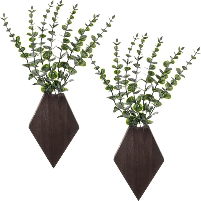 Chunful 2 Pcs Wooden Wall Planter Decor Hanging Fake Plants Greenery Flowers Holder Vase Boxes for Wall Bohemian Farmhouse Room Kitchen Office Indoor Decoration(Brown,7.1 x 4.7 x 1.2 Inches)