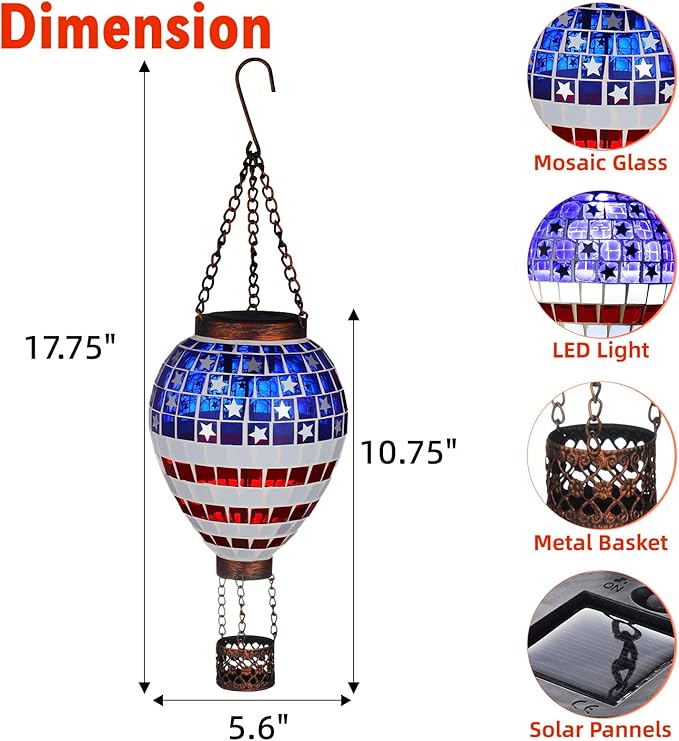 VOREEN American Flag Hot Air Balloon Solar Lantern, Handmade Mosaic Outdoor Hanging Wind Light, IP44 Waterproof, Patio Decorations, Gift for Mom Wife Friend, Patriotic Theme, 4th of July Decor