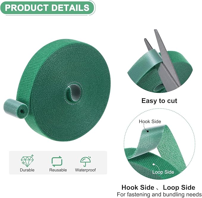 6-Roll Garden Plant Tape, 16 ft x 0.6 in Garden Hook and Loop Plant Ties Multi-Purpose Use Adjustable and Reusable Twist Wire Tape for Plants/Flowers/Vines [Green]