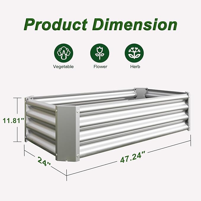 4x2x1ft Raised Garden Bed, Outdoor Galvanized Raised Garden Beds, Metal Raised Beds for Gardening Vegetables Fruits and Flowers, Easy Assembly, 52 Gallon Capacity - Silver