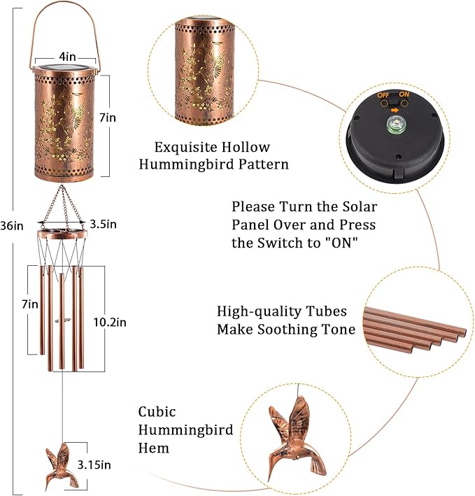 Solar Wind Chimes for Outside, 36" Hummingbird Hanging Solar Lantern for Mom, Christmas Windchimes Outdoors Mom Grandma Gifts,Garden Decor led Lights Wind Chime for Patio Yard, for Women Grandma