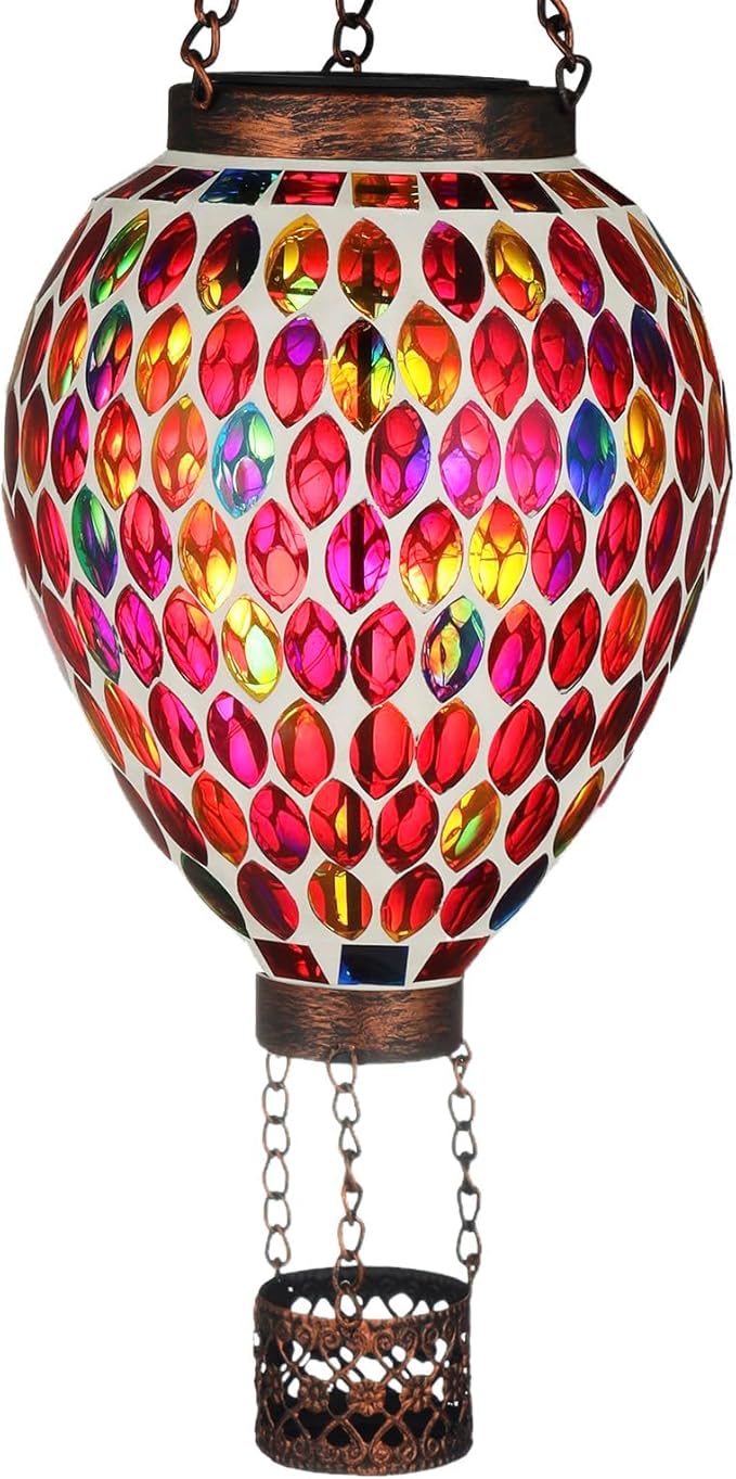 VOREEN Hot Air Balloon Solar Lantern, Mosaic Glass Hanging Solar Lights for Outside Garden & Patio, Waterproof Outdoor Decor, Handmade Art Glass Balloon (Red)