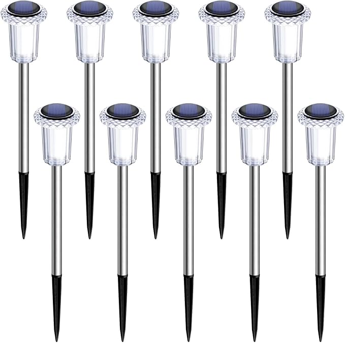 DenicMic Solar Lights Outdoor 10 Pack Waterproof 3000K Warm White LED Stainless Steel Stake Outside Lights for Yard Pathway Garden Driveway Walkway Landscape Path Lighting