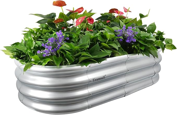 1-Pack 4 * 2 * 1FT Raised Garden Bed Kits, Outdoor Oval Metal Galvanized Ground Planter Garden Boxes for Planting Plants Vegetables Flowers Herbs Fruits, Silver