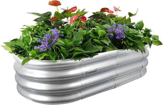 1-Pack 4 * 2 * 1FT Raised Garden Bed Kits, Outdoor Oval Metal Galvanized Ground Planter Garden Boxes for Planting Plants Vegetables Flowers Herbs Fruits, Silver