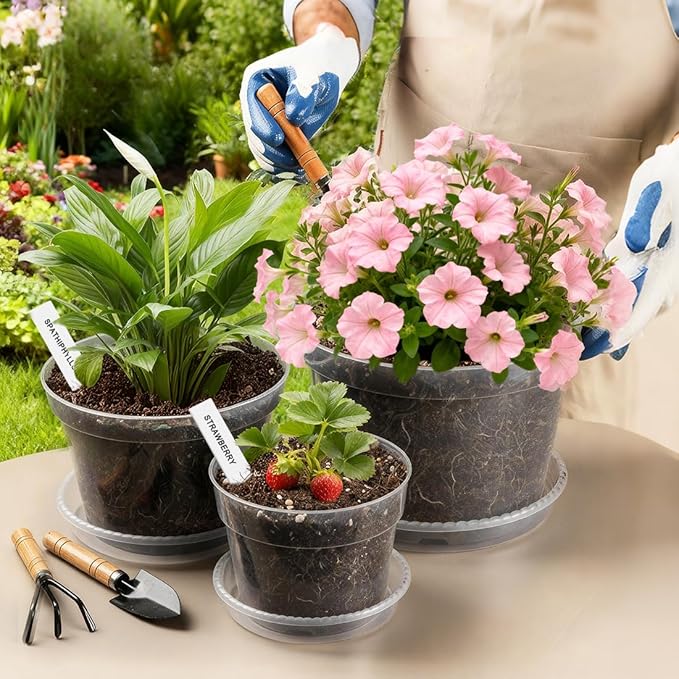 12 Pack 10/8/6 Inch Clear Nursery Pots with Saucer, Plant Label, Gardening Gloves, Transparent Sturdy Plastic Plant Pots with Drainage Hole, Plant Starter Pots for Planting Seedling Herb Vegetable