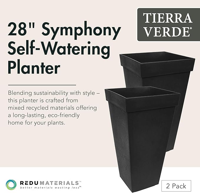 Tierra Verde 2-Pack Indoor & Outdoor Self-Watering Square Planters, Symphony, 15" x 28", Black - Planter Containers for Plants and Flowers - Gardening and Landscaping Accessories