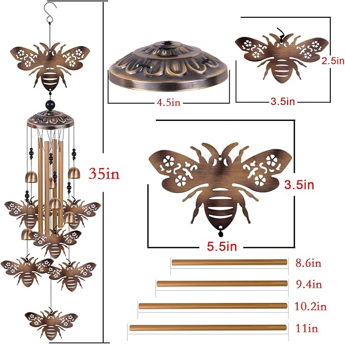 Bronze Bees Wind Chimes for Outside/Indoor/Garden/Home/Balcony/Lawn/Tree/Yard/Garden Decoration, Retro Wind Catcher, Bee Decor, Blessing Wind Bells, Memorial WindChimes Gifts for Mom, Grandma, Woman