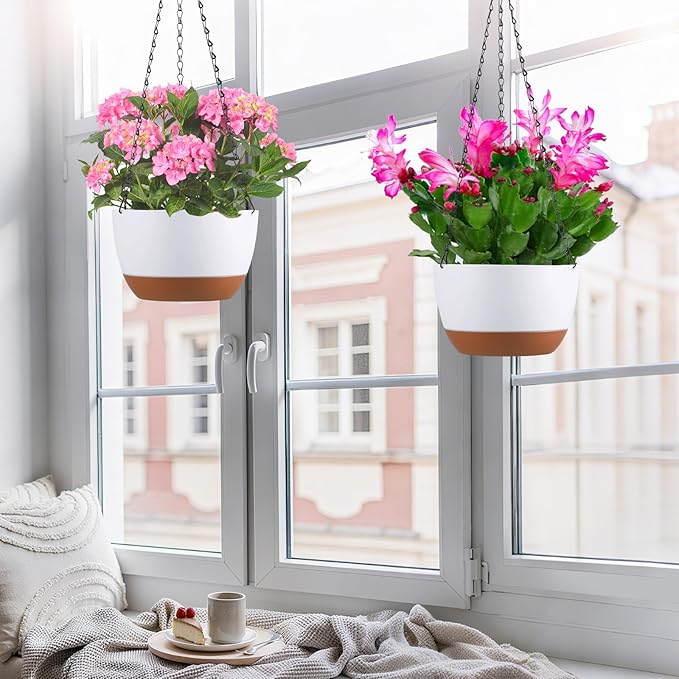 Set of 2 10 Inch Self Watering Hanging Planters for Indoor Outdoor Plants, Color Blocking Hanging Baskets Flower Pots with Drainage Hole & Removable Water-Storage Tray