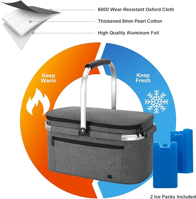 ALLCAMP Picnic Basket - 2 Ice Box Included 32L Insulated Cooler, Thickening Foldable Picnic Basket with Removable Baskets & Sewn-in Frame, Basket for House Warming Gifts New Home(Smoke Gray)