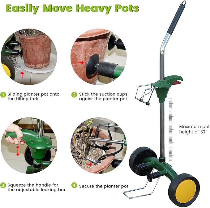 EJWOX Heavy Duty Plant Dolly Caddy - Pot Mover for Garden w/ 165 lb Capacity, Flat-Free Wheels & Suction Cups | Adjustable Handle, Floor Protection