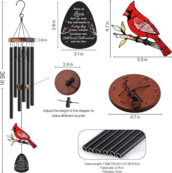 Memorial Wind Chimes for Loss of Loved One, Sympathy Gifts for Loss of Mother/Dad/Husband - Cardinal Wind Chimes for Outside with Mute Option, in Memory of Loved One Gifts, Sympathy Wind Chimes 36''