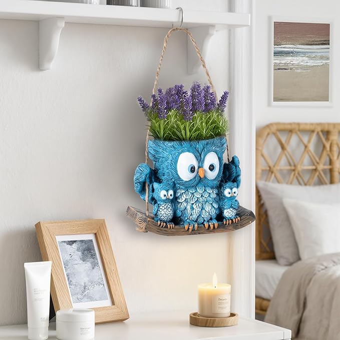 Swing Owl Hanging Planter for Indoor Outdoor Plants Decor Resin Hanging Owl Planter Pot with Rope, Cute Mother and Baby Design, Small Hanging Plant Holder for Garden, Patio, Balcony